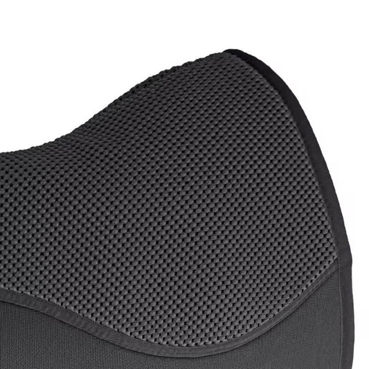 Close-up of a black saddle pad with textured surface on a white background