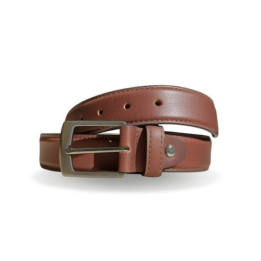 Brown leather belt with a brass buckle