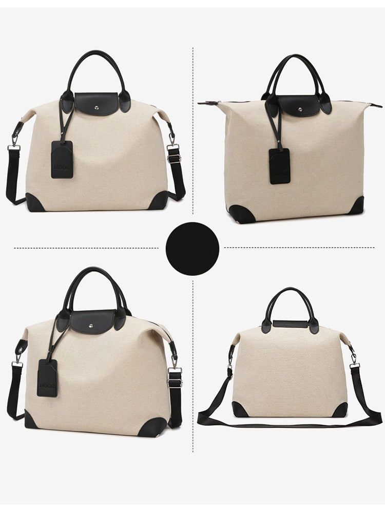 Beige handbag with black accents shown from multiple angles on a white background
