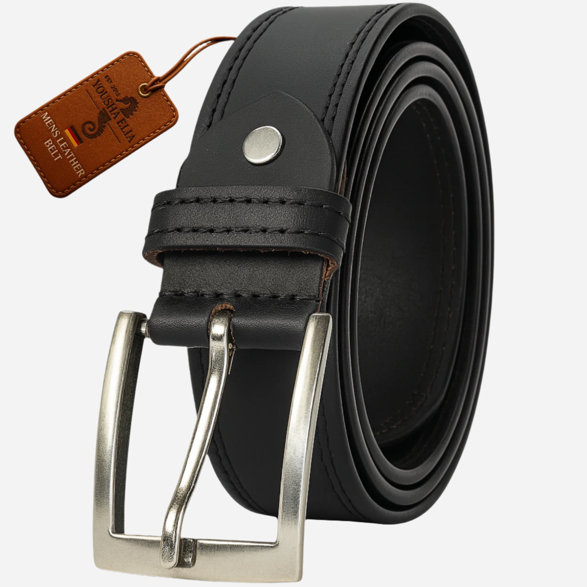 Black leather belt with silver buckle and a brown tag on a white background
