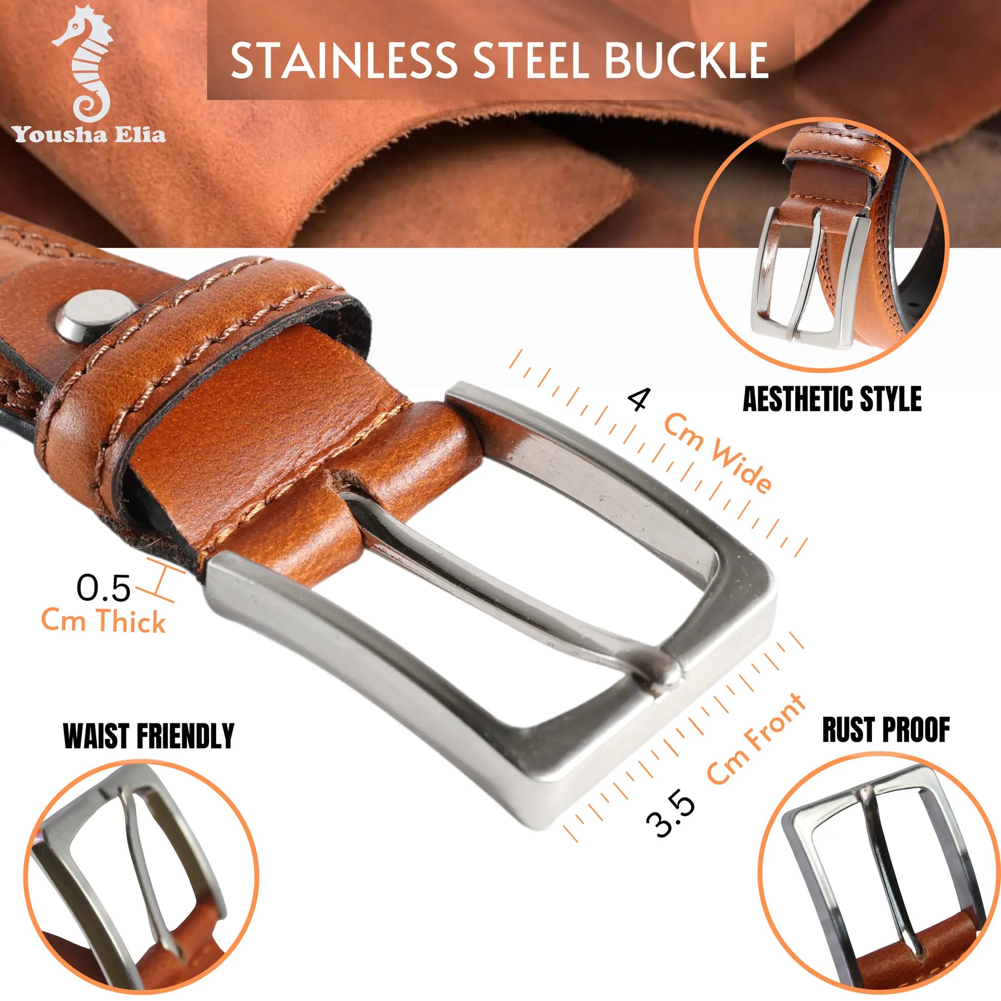 Brown leather belt with stainless steel buckle, showing features like thickness, width, and rust proofing.