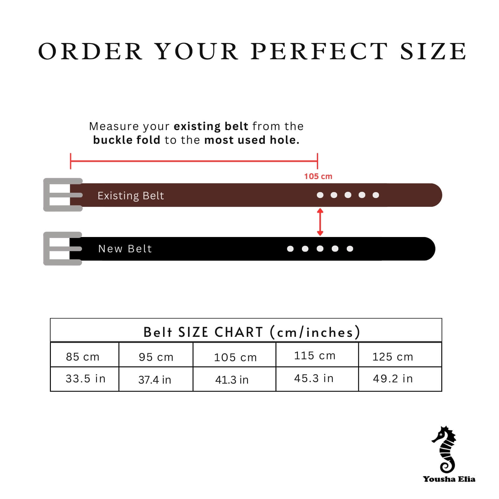 Belt size chart showing measurement and size conversion for Yousha Ella belts.