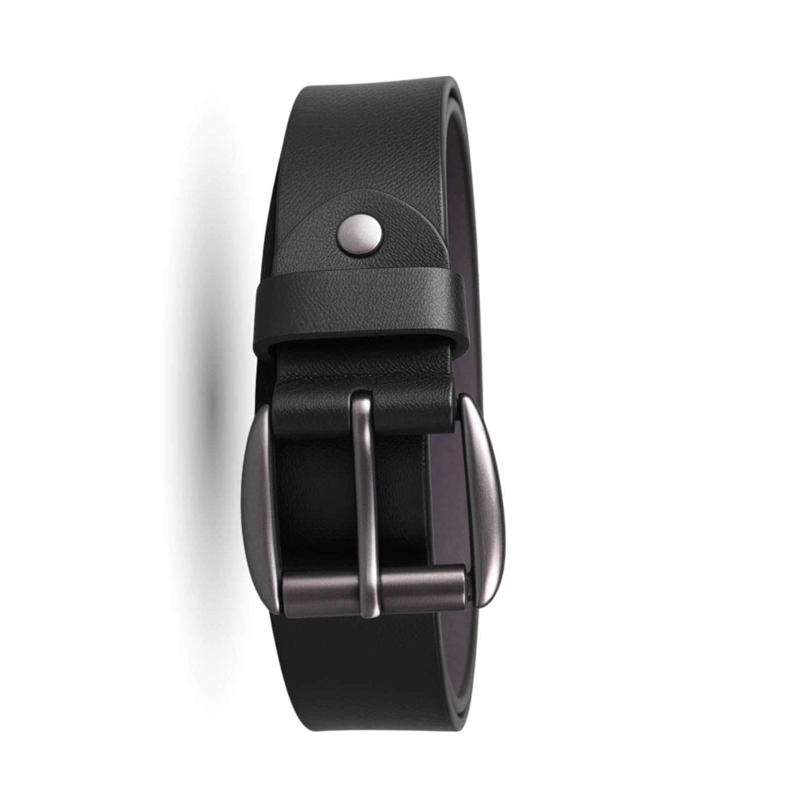 Black leather belt with a silver buckle on a white background