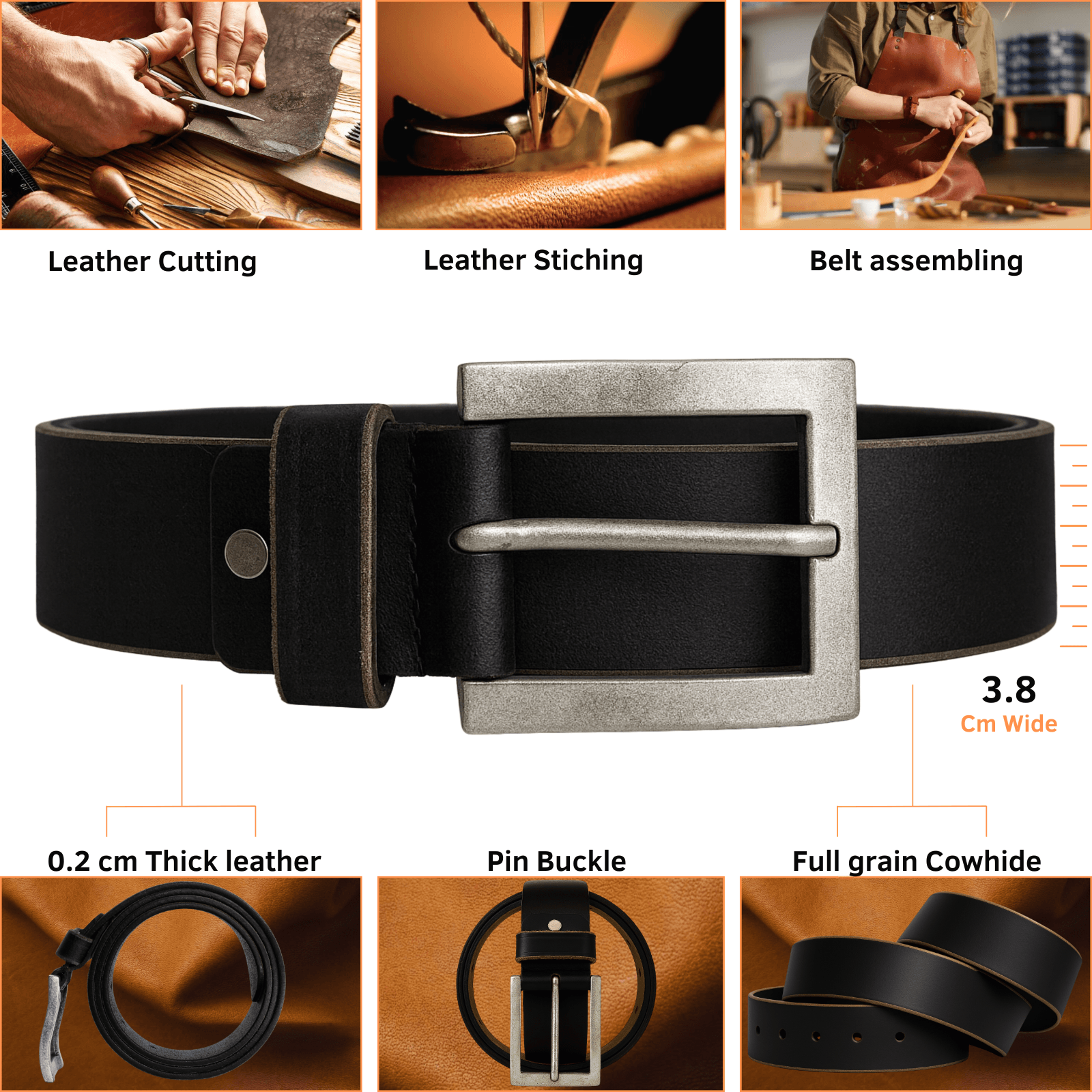 Black leather belt with silver buckle, showing process steps and belt details.