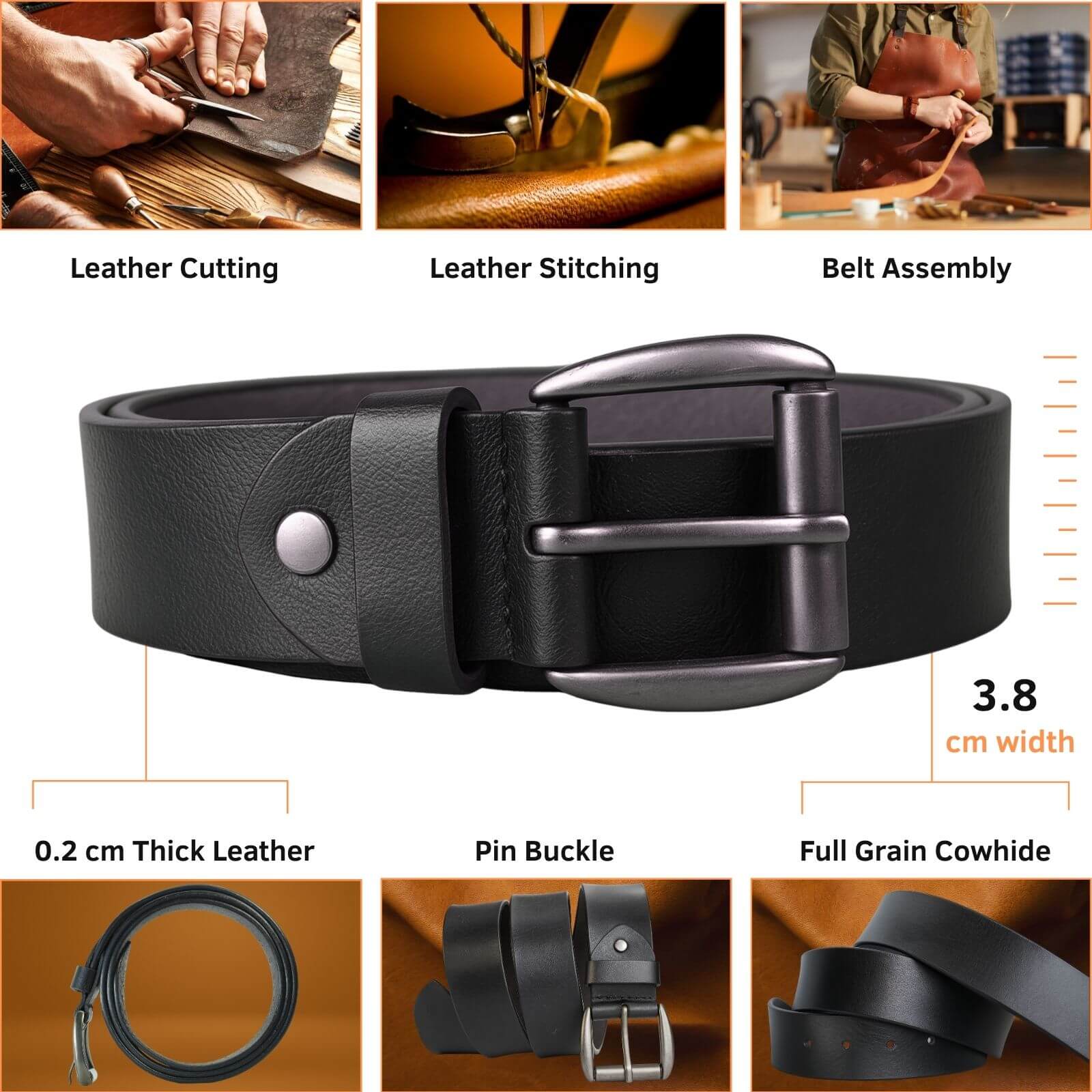 Black leather belt with pin buckle, shown with assembly steps and material details.