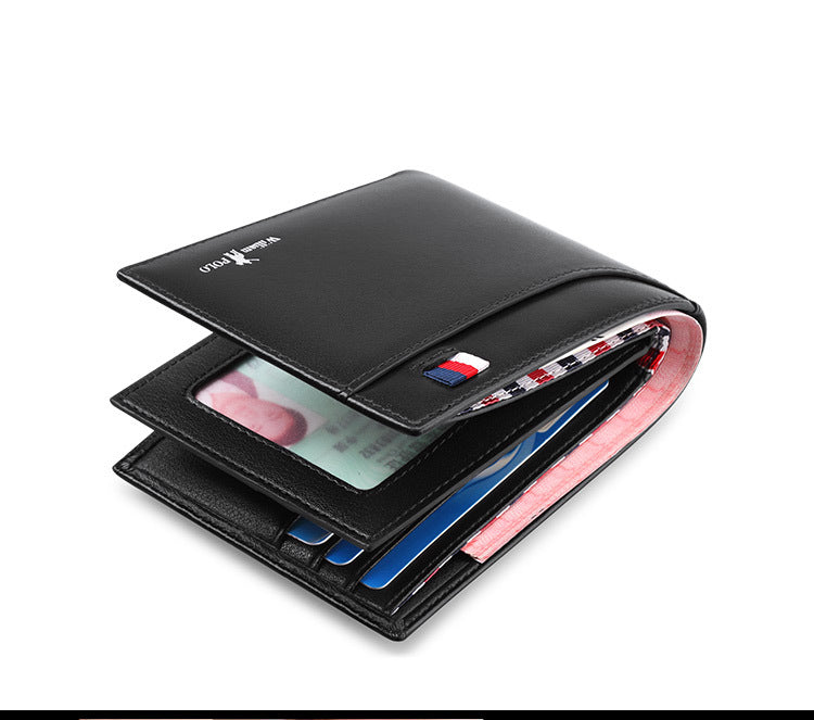 Black leather wallet with card slots on a white background