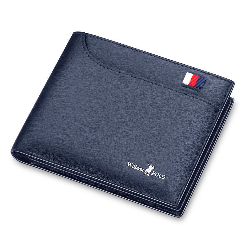 Blue wallet with a brand logo on a white background