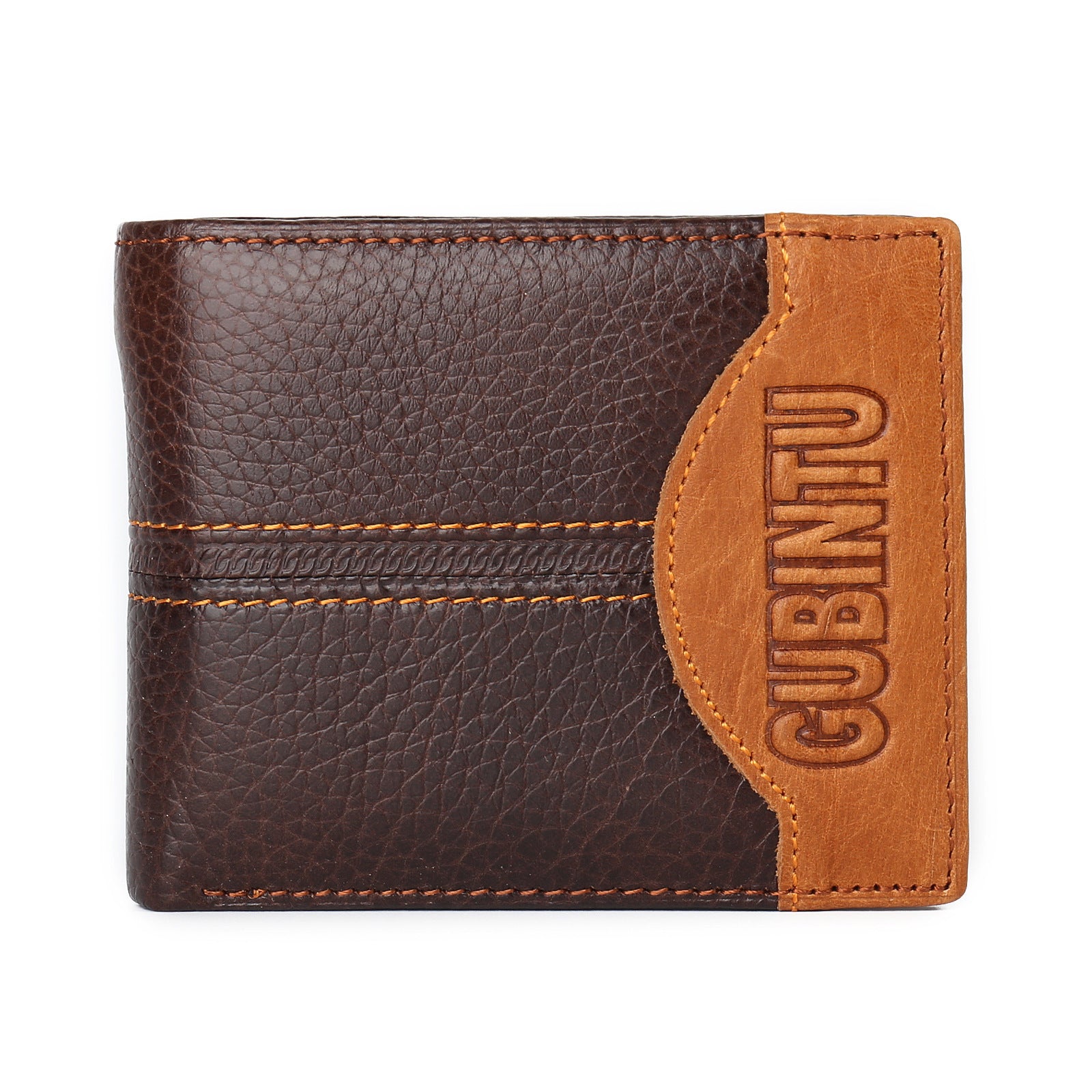 Brown leather wallet with tan accent and 'GUBINTU' branding on a white background