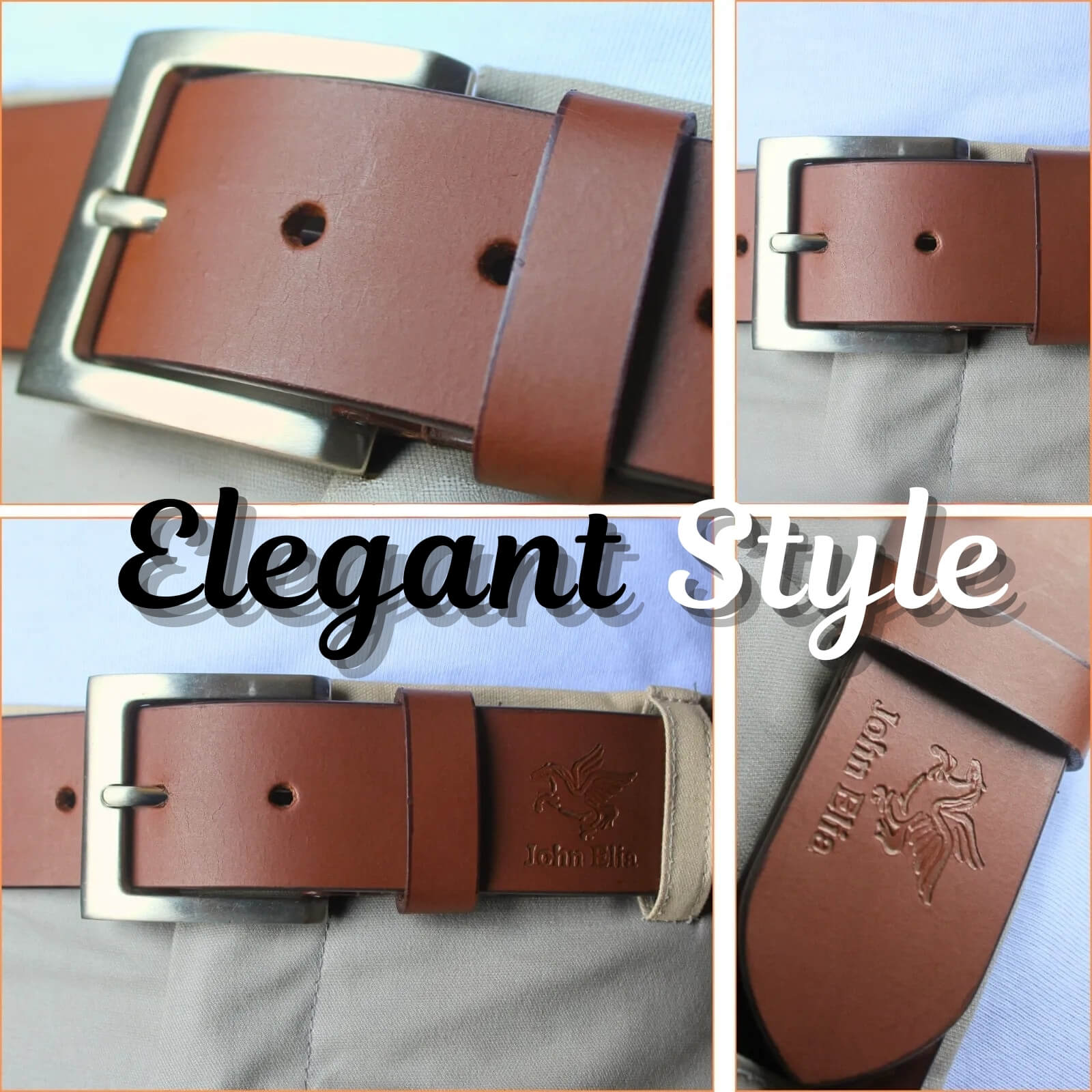 Brown leather belt with silver buckle on a light gray background, featuring the brand 'John Varvatos'.