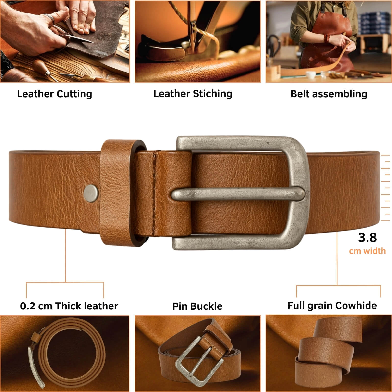 Brown leather belt with metal buckle, showing manufacturing process steps on a wooden background.