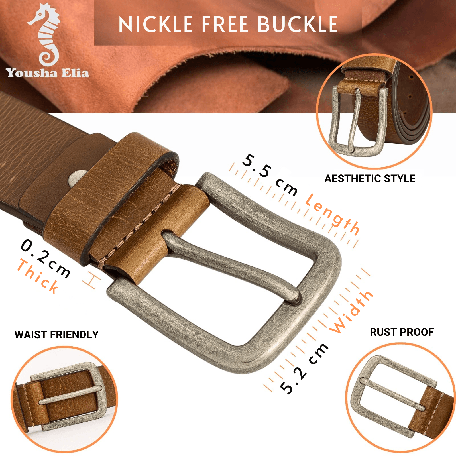 Brown leather belt with nickel-free buckle, showing measurements and features.