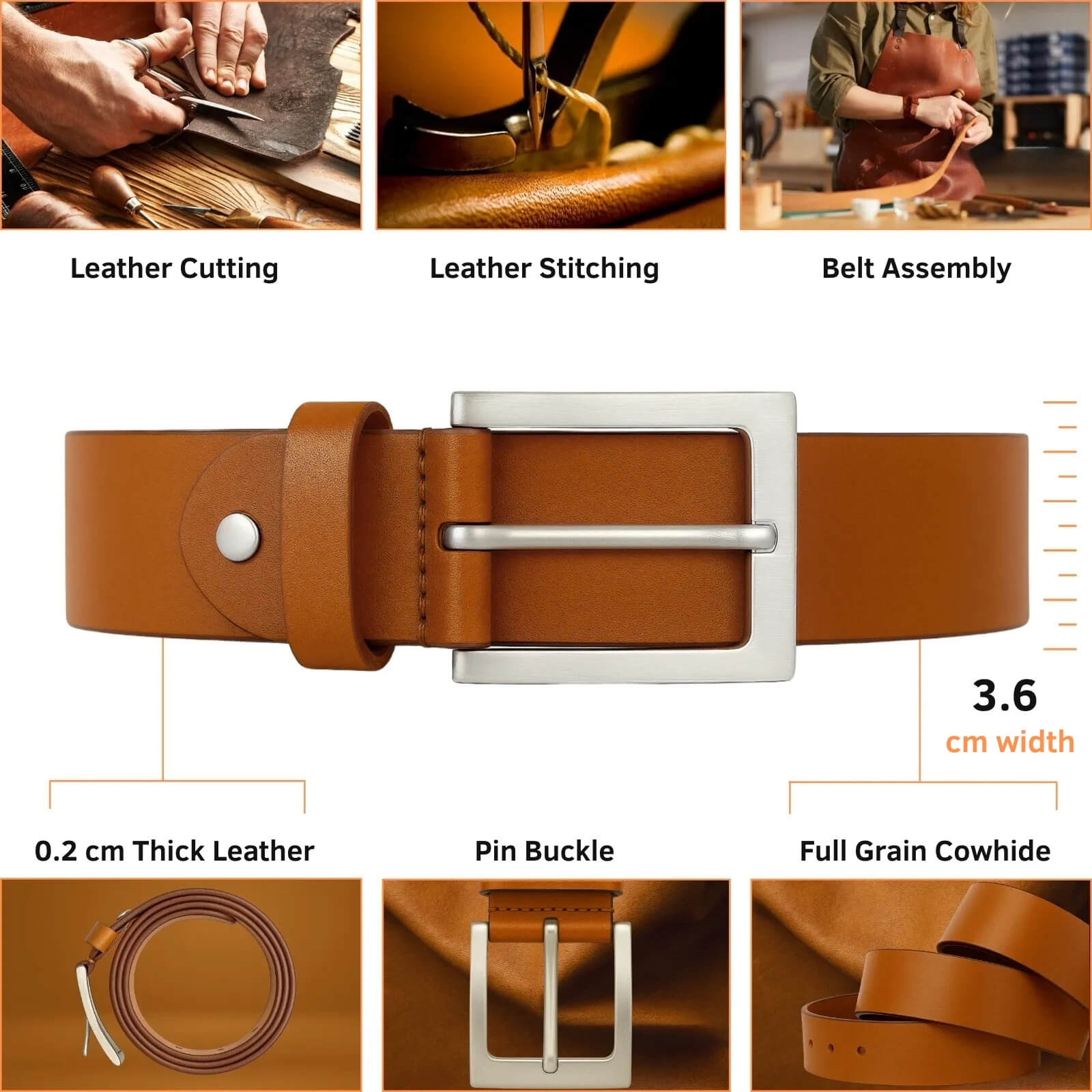 Brown leather belt with silver buckle, shown with assembly steps and product details.