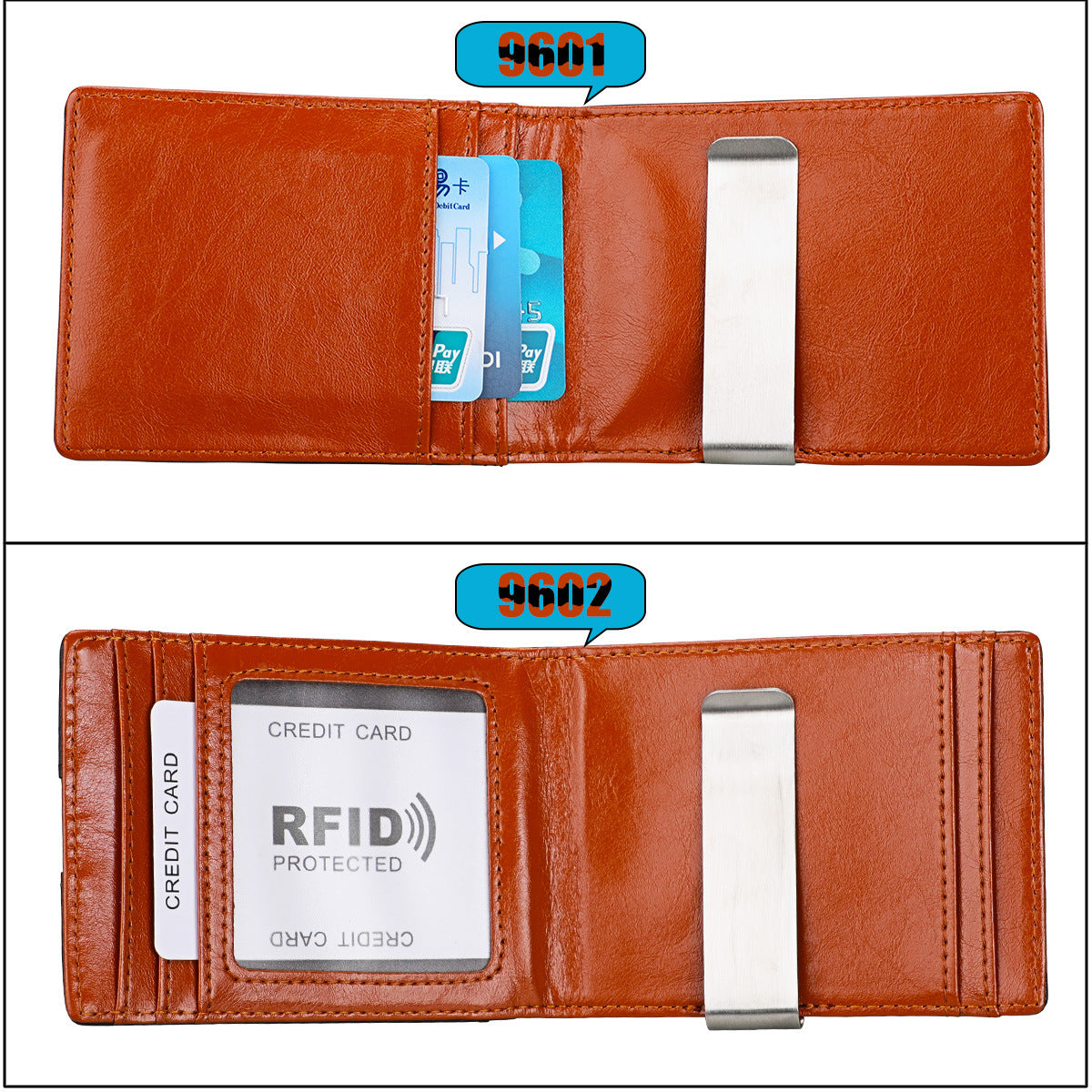 Brown leather wallet with card slots and metal clip on a white background