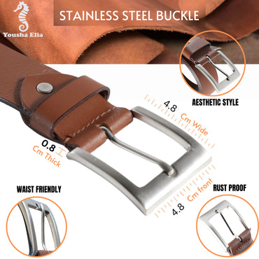 Brown leather belt with stainless steel buckle, showing features like thickness, width, and rust-proofing.
