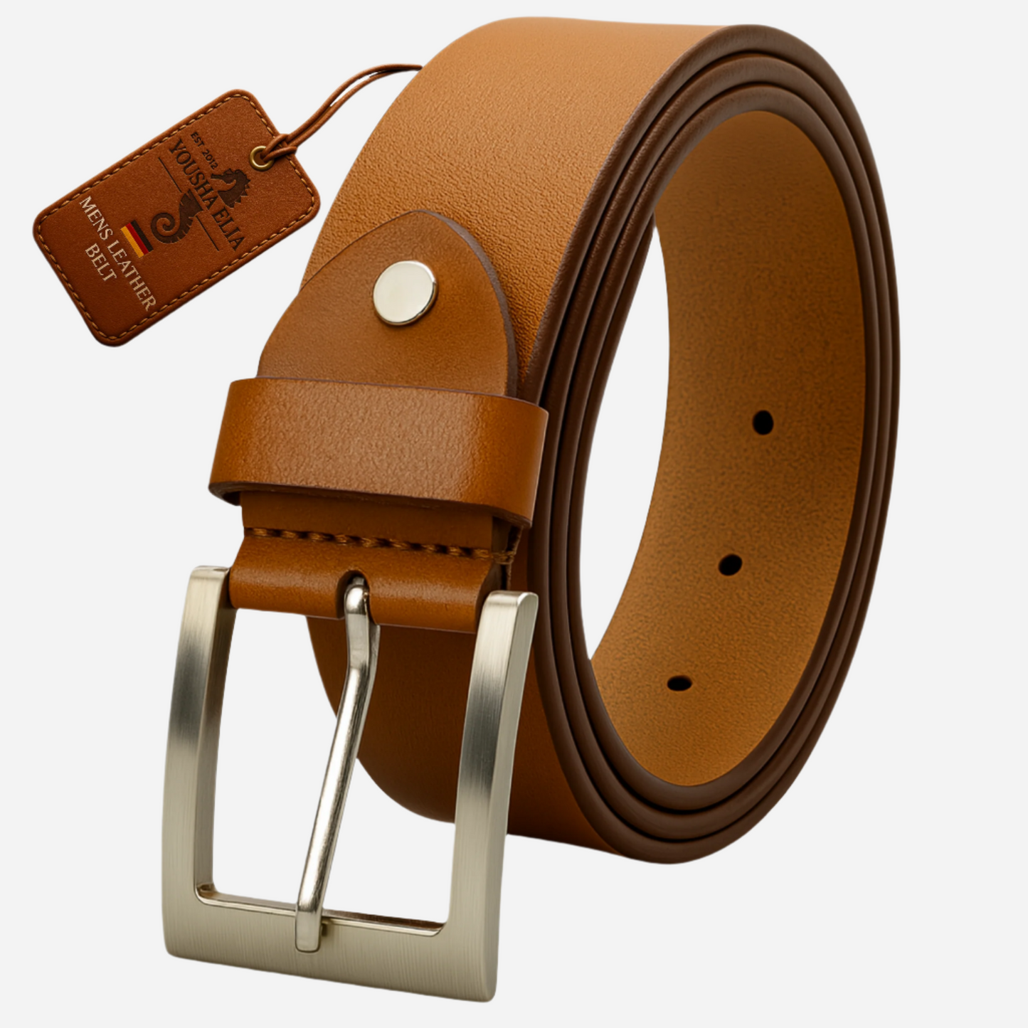 Brown leather belt with silver buckle and tag on a white background