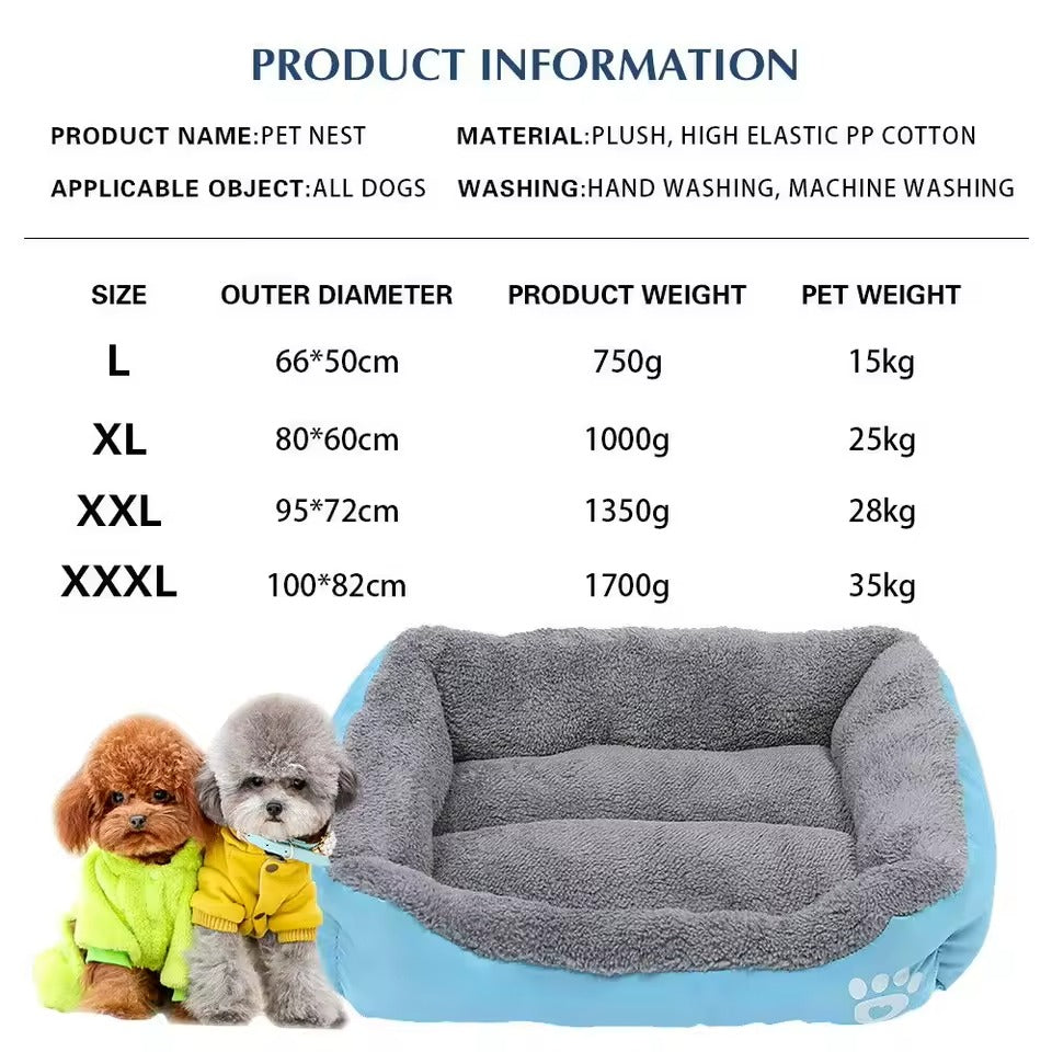 Product information table for a pet nest with dimensions, weight, and size options.