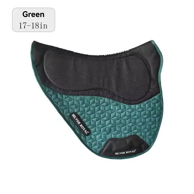 Green saddle pad with black accents on a white background, featuring 'Silver Royal' branding.