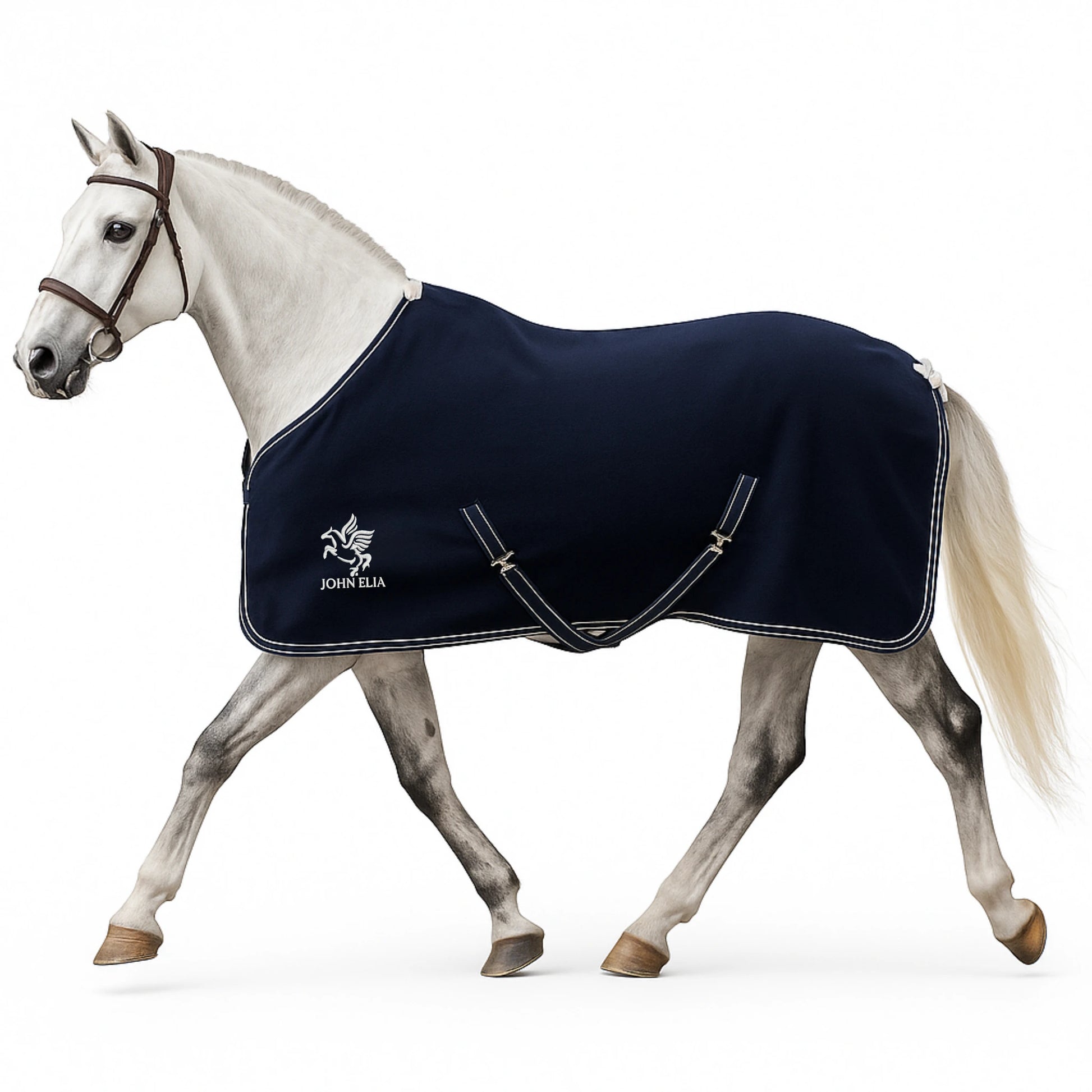 Horse wearing a navy blanket with a visible brand logo on a white background