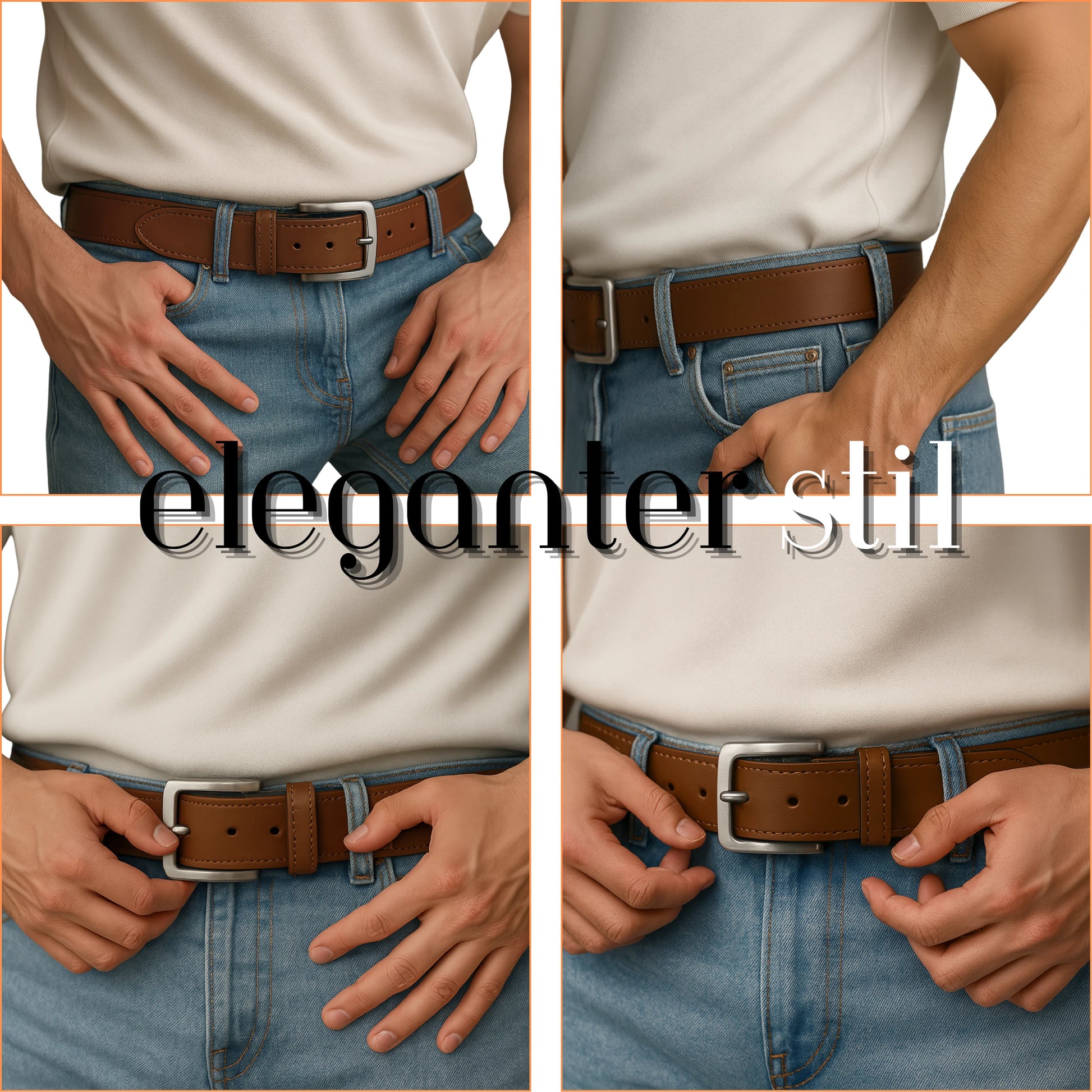 Person wearing a brown belt with a visible buckle, with 'eleganter stil' text overlay.