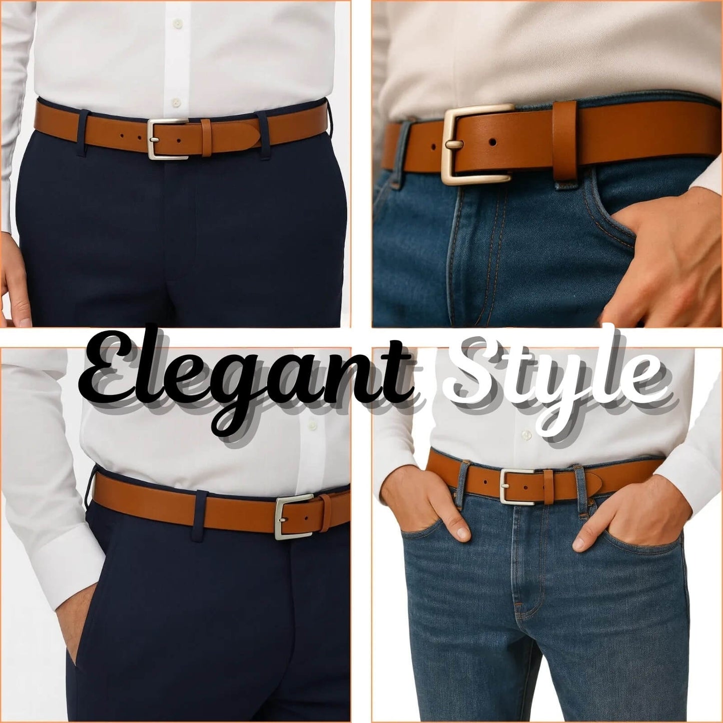 Four images showing a person wearing a brown belt with different pants on a white background.