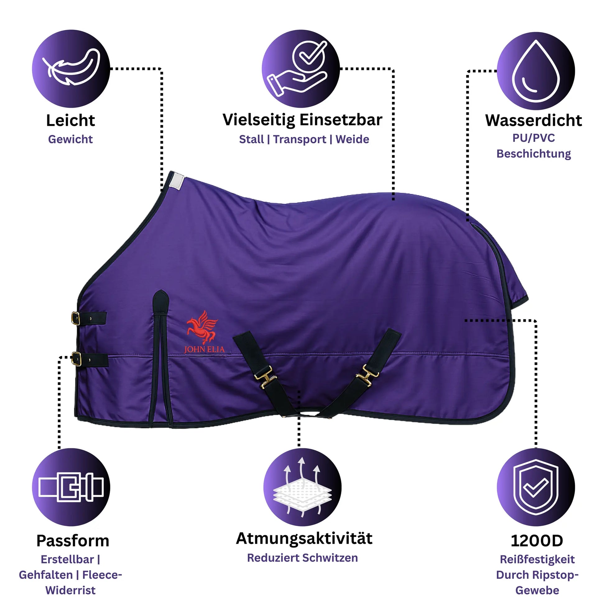 Purple horse blanket with features highlighted on a white background