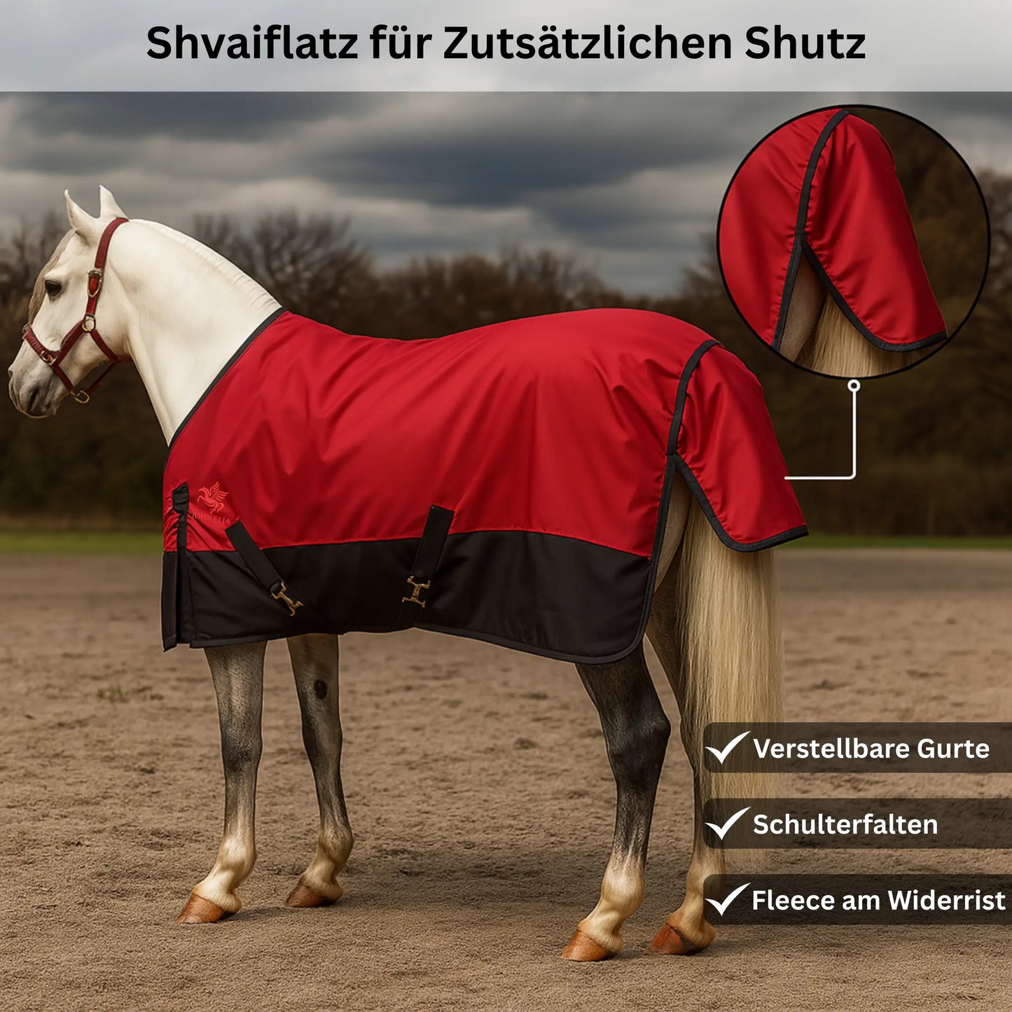 Horse wearing a red and black protective blanket with additional features highlighted.