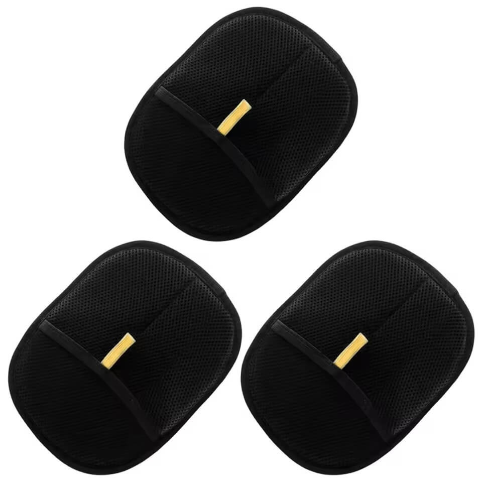 Three black pet hair remover with gold accents on a white background
