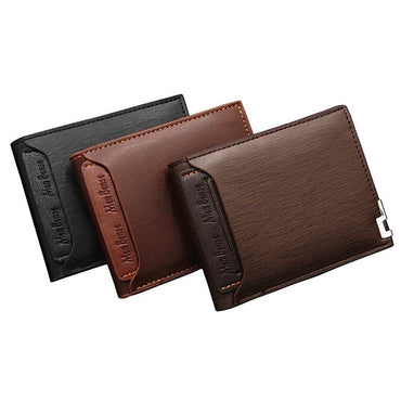 Three leather wallets in black, brown, and another brown color on a white background.