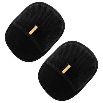 Two black mesh  pet hair remover with gold accents on a white background