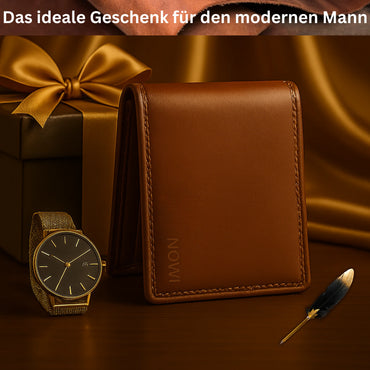 Brown leather wallet and watch with a gold bow on a brown background